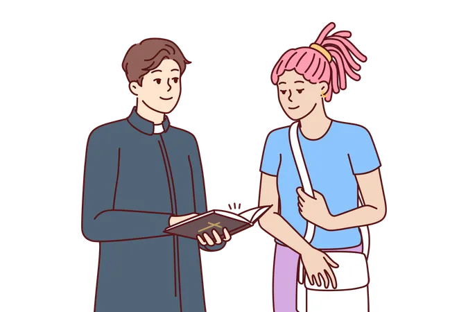 Man Priest From Catholic Church Stands Near Woman Come To Temple For Blogging Or Confession Religious Girl Wants To Confess In Church To Find Peace And Harmony Or Forgiveness Of Sins Illustration
