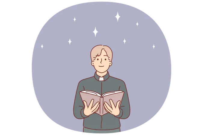 Man priest reading gospel for christian catholics with smile training to become church employee  Illustration