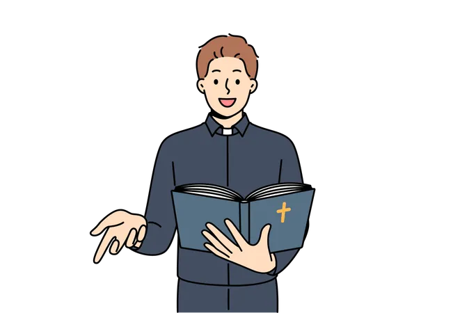 Man Priest Reads Bible And Gestures Calling On People To Accept Christian Or Catholic Religion Positive Guy In Priest Clothes Studying Sermons And Holy Scriptures From Gospel For Work In Church Illustration