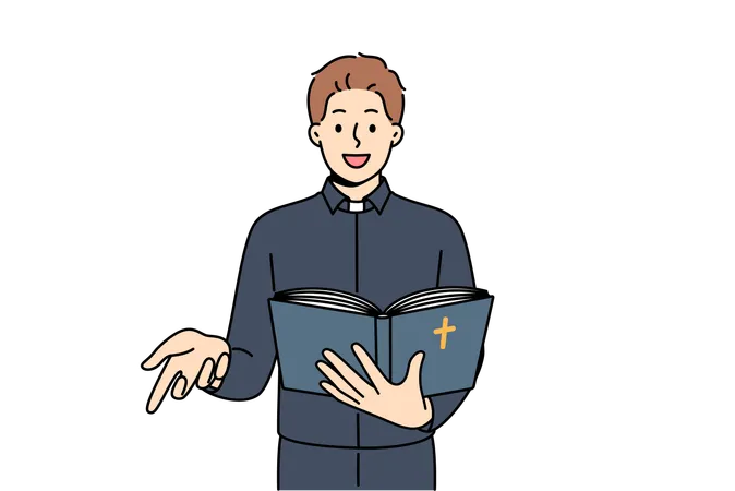 Man priest reads bible and gestures calling on people to accept christian religion  Illustration