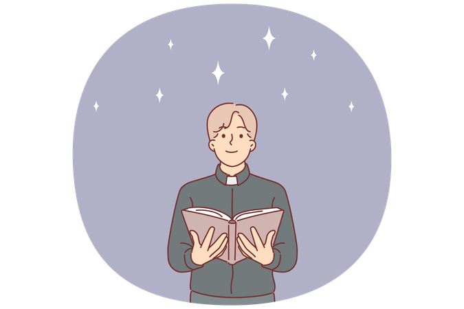 Man priest reads gospel for chrtian catholics with smile training to become church employee  Illustration