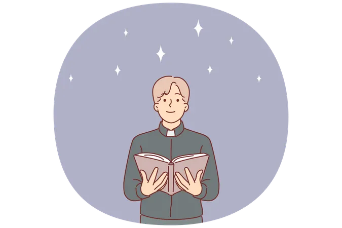 Man priest reads gospel for chrtian catholics with smile training to become church employee  Illustration
