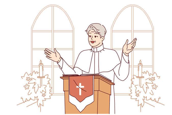 Man priest with smile leads sermon in catholic church standing behind podium with crucifix  Illustration