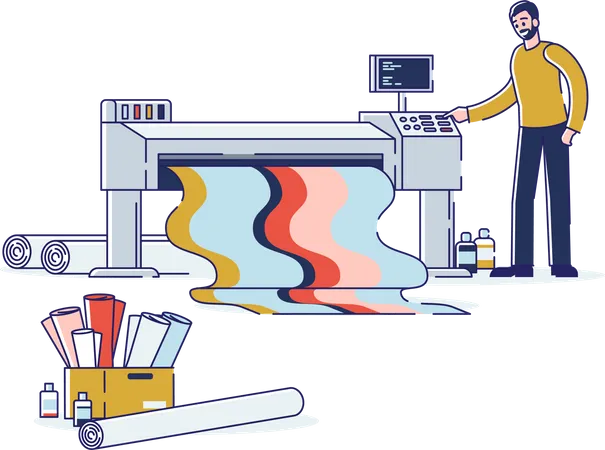 Man printing at plotter wide format banner with colorful ink  Illustration