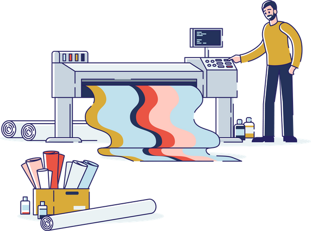 Man printing at plotter wide format banner with colorful ink  Illustration