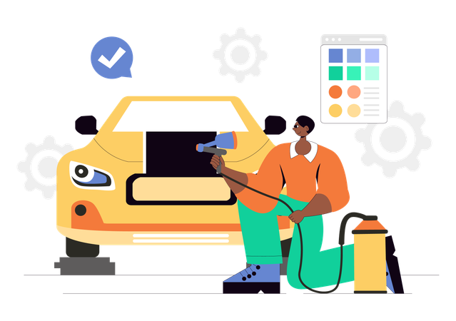Man printing car using spray color  Illustration