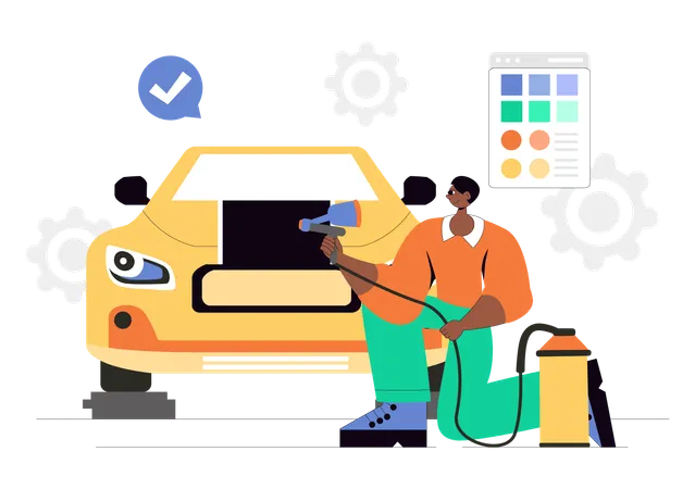 Man printing car using spray color  Illustration