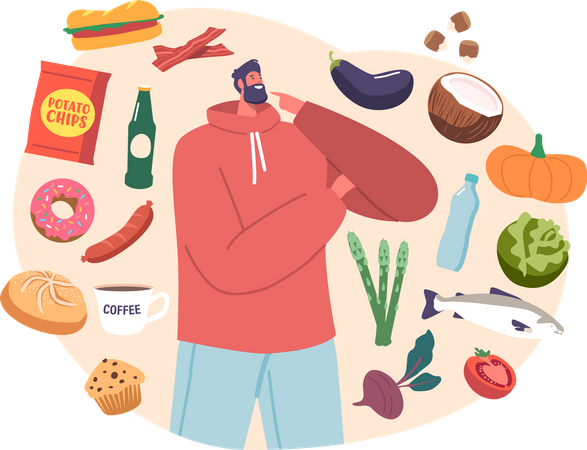 Man prioritizing eating habits  Illustration