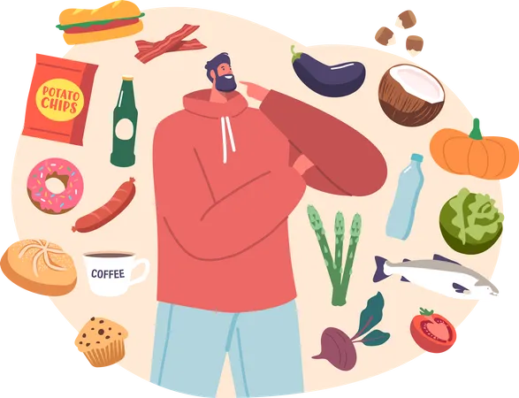 Man prioritizing eating habits  Illustration