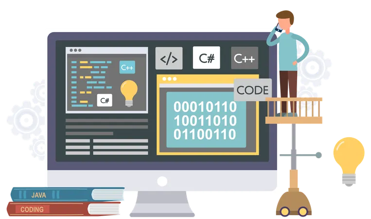コンピューターでウェブデザインに取り組む男性プログラマー  イラスト