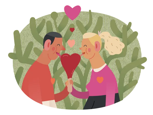 Couple In Love Vignette Valentines Day Graphics Modern Flat Vector Concept Illustration A Young Hetoresexual Couple Licking A Heart Shaped Ice Cream A Plant Behind Cute Characters In Love Concept Illustration