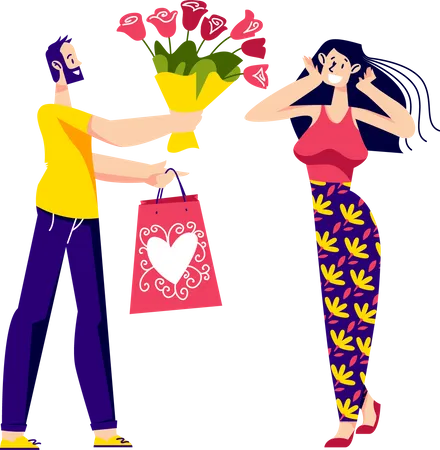 Man Presenting Woman Gift And Flowers Bouquet For Valentines Day Or Birthday Cartoon Male Character Giving To Happy Female Holiday Present Holiday And Relationship Concept Vector Illustration Illustration