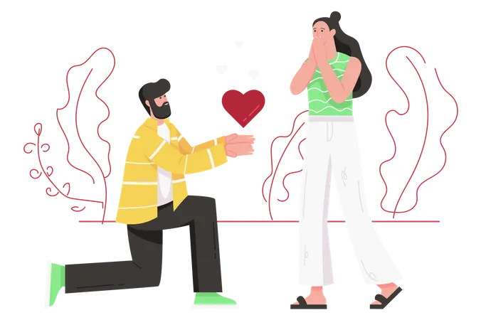 Valentines Day Holiday Celebration Modern Flat Concept Man Confesses His Feelings To Happy Woman Gives His Heart And Proposes To Marry Vector Illustration With People Scene For Web Banner Design Illustration