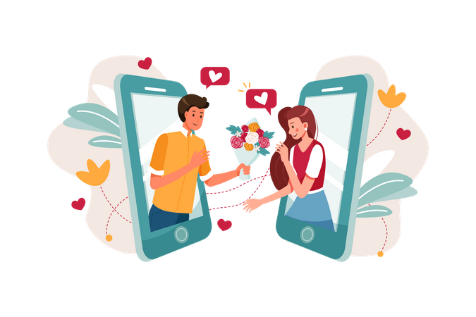 Man proposing girl through smartphone Illustration