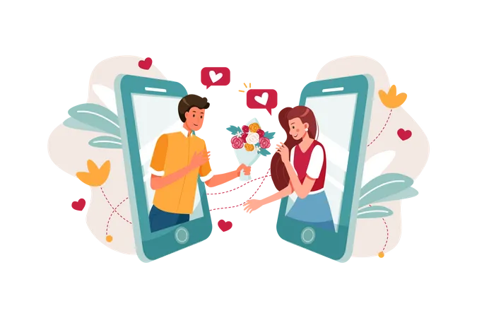 Man proposing girl through smartphone Illustration