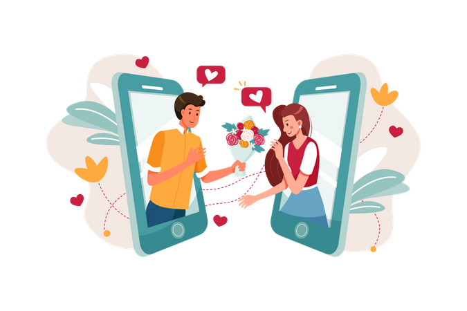 Man proposing girl through smartphone  Illustration