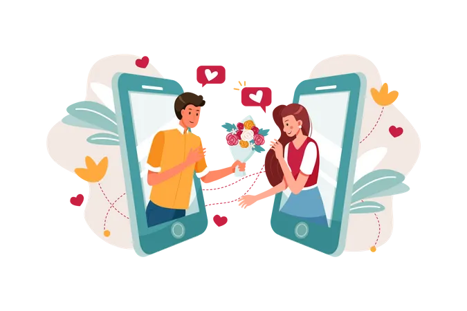 Man proposing girl through smartphone  Illustration