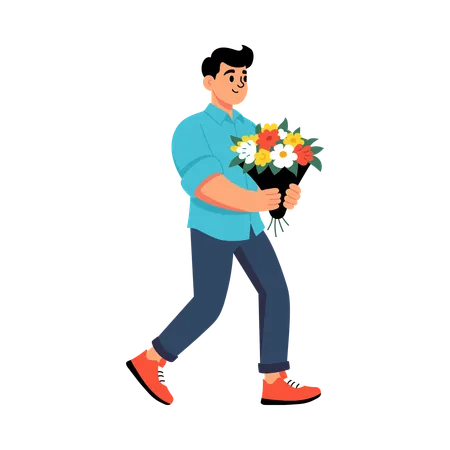 Man proposing girl while Holding Flowers  Illustration
