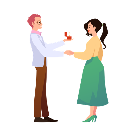 Man proposing to his girlfriend holding box with diamond ring  Illustration