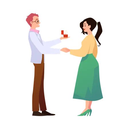 Man proposing to his girlfriend holding box with diamond ring  Illustration