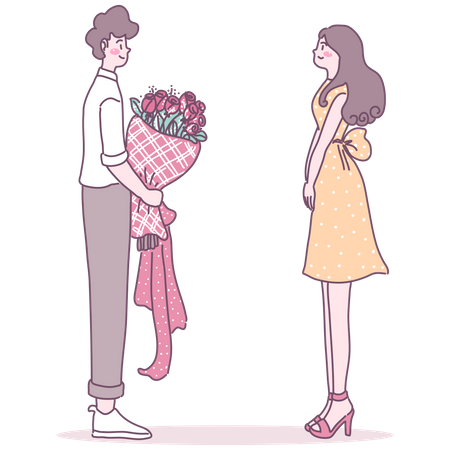 Man proposing woman with flower bouquet Illustration