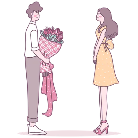 Man proposing woman with flower bouquet  Illustration