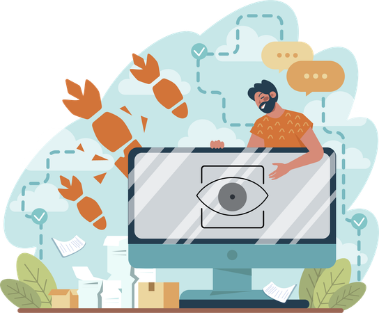 Man protect computer from cyber attack  Ilustración