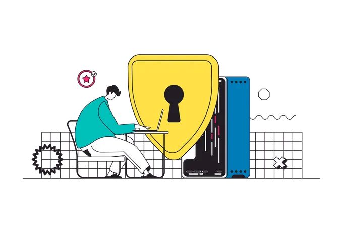 Network Security Outline Web Concept In Modern Flat Line Design Man Protecting Personal Data In Internet With Password Shield Protection Access And Firewall Security System Vector Illustration Illustration