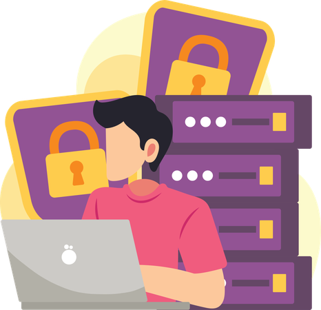 Man protecting server with laptop  Illustration