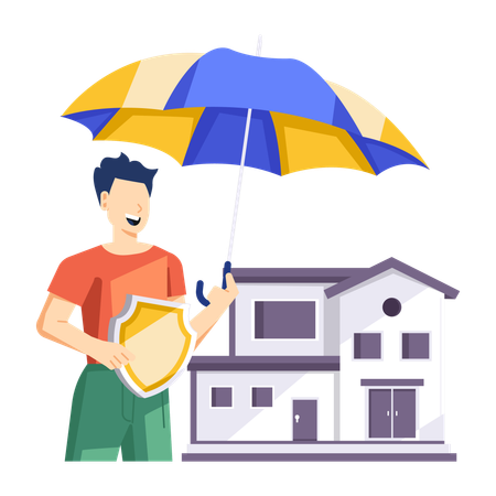 Man protects his house from natural disaster  Illustration