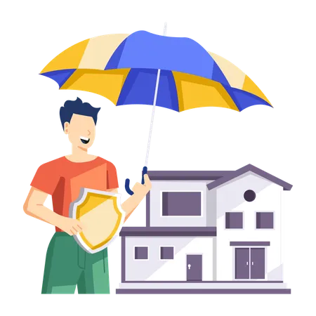 Man protects his house from natural disaster  Illustration