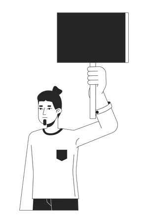 Man Protesting Flat Line Black White Vector Character Caucasian Demonstrator With Banner Editable Outline Half Body Person Simple Cartoon Isolated Spot Illustration For Web Graphic Design Illustration