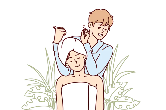 Woman Visits Massage Therapist In SPA Salon And Sits In Towel Enjoying Relaxing Treatments Man Works In SPA Center Giving Shoulder And Neck Massage To Visitor In Need Of Manual Procedures Illustration
