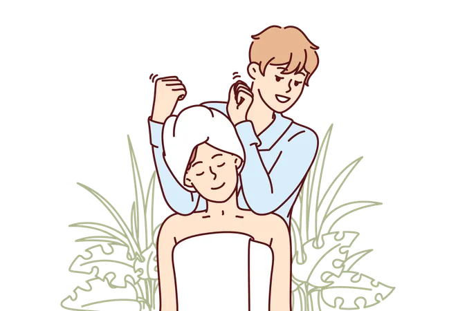 Man provides head massage to woman  Illustration