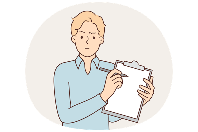 Man psychiatrist demonstrates clipboard and looks skeptically at screen while asking patients  Illustration