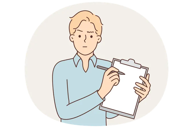Man psychiatrist demonstrates clipboard and looks skeptically at screen while asking patients  Illustration