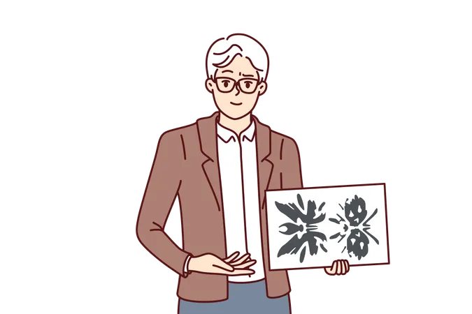 Man Psychotherapist Holds Picture Of Rorschach Test To Determine Patient Personality Type Elderly Psychotherapist Demonstrates Piece Of Paper With Blots For Medical Psychiatric Experiment Illustration
