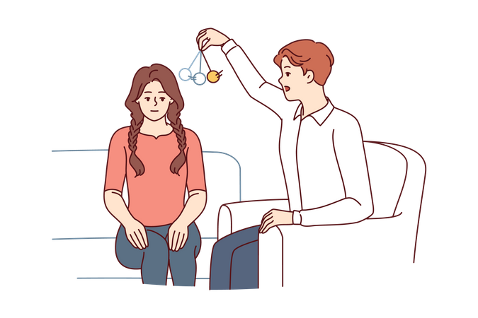 Man psychotherapist hypnotizes woman patient using pendulum to solve psychological problems  Illustration