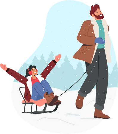 Man Pull Sledge with Woman at Wintertime  イラスト