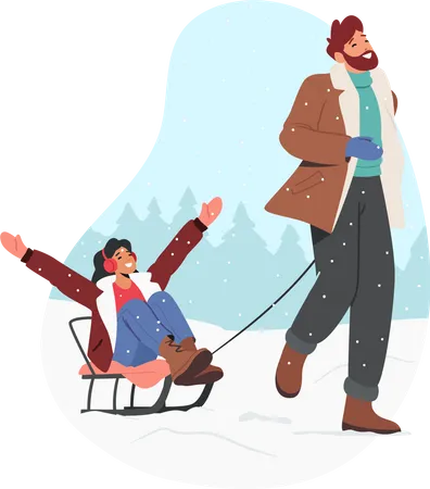 Loving Couple Winter Date Romantic Sparetime Male And Female Characters Riding On Sled At Wintertime Christmas Holidays Vacation Man Pull Sledge With Woman Cartoon People Vector Illustration Illustration