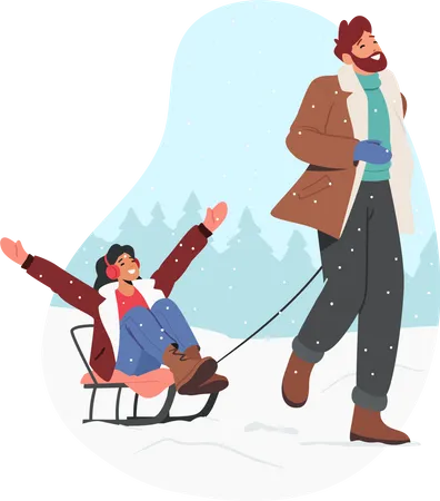 Man Pull Sledge with Woman at Wintertime  Illustration