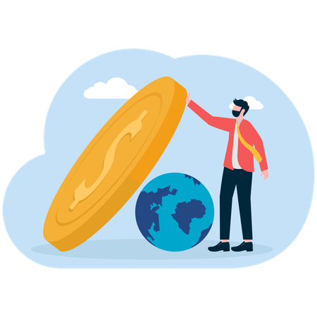 Man pulling a globe from a symbol of money falling on him,  Illustration