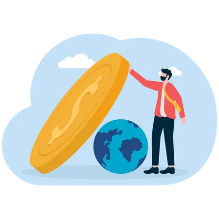 Man pulling a globe from a symbol of money falling on him,  Illustration