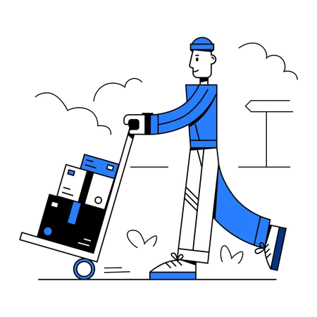 Man pulling boxes on cart  Illustration