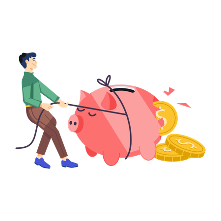 Man pulling broken piggy bank while getting Investment Loss  Illustration