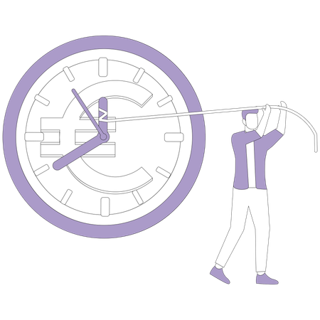 Man pulling clock hands on euro coin  Illustration