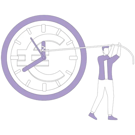 Man pulling clock hands on euro coin  Illustration