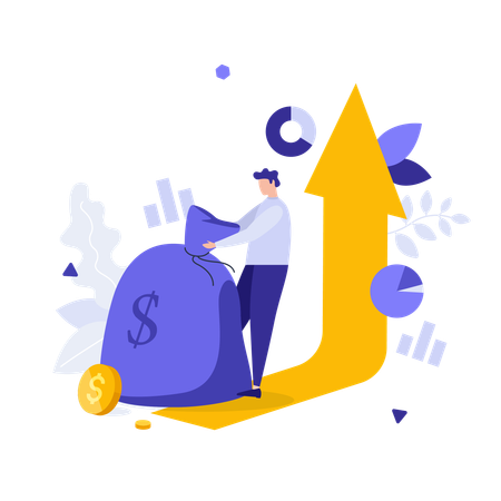 Man pulling large sack of money to red arrow  Illustration