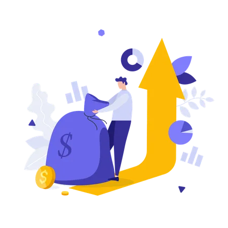 Man pulling large sack of money to red arrow  Illustration