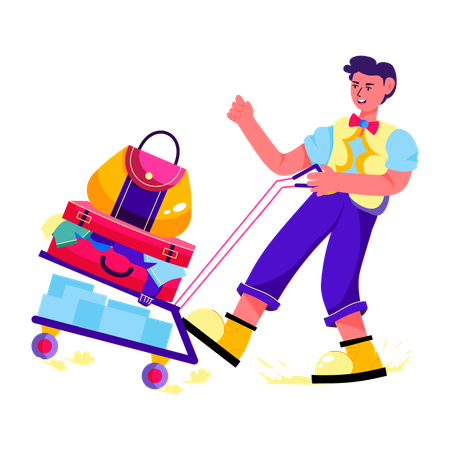 Man pulling Luggage Cart  Illustration